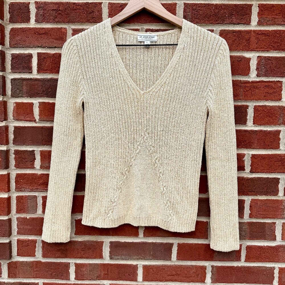 St John Sport by Marie Gray Cable Knit Sweater Size PS Gold Metallic V-Neck